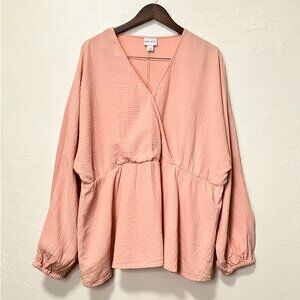 Ava & Viv Peachy Pink Wrap Blouse 2X Cotton Gauze Long Sleeve
